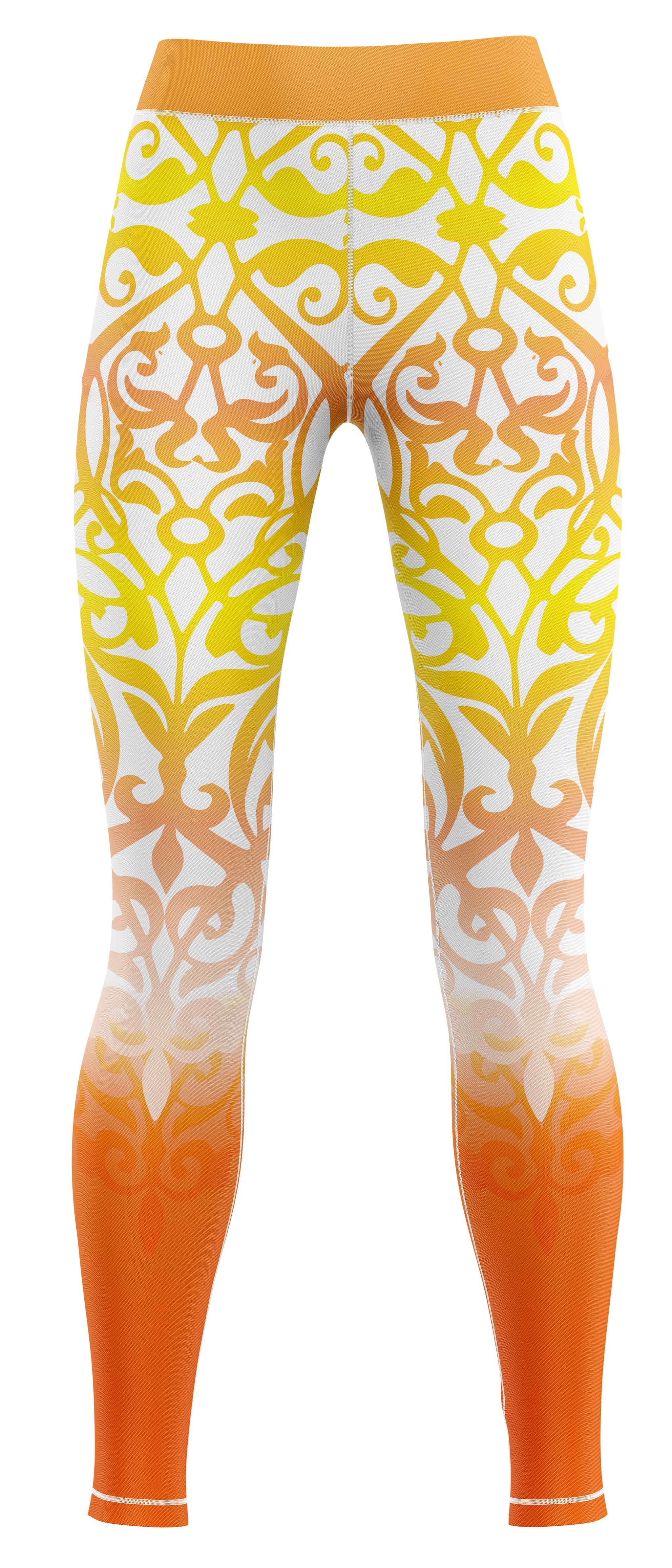 Pair of orange and yellow gym leggings on a plain background