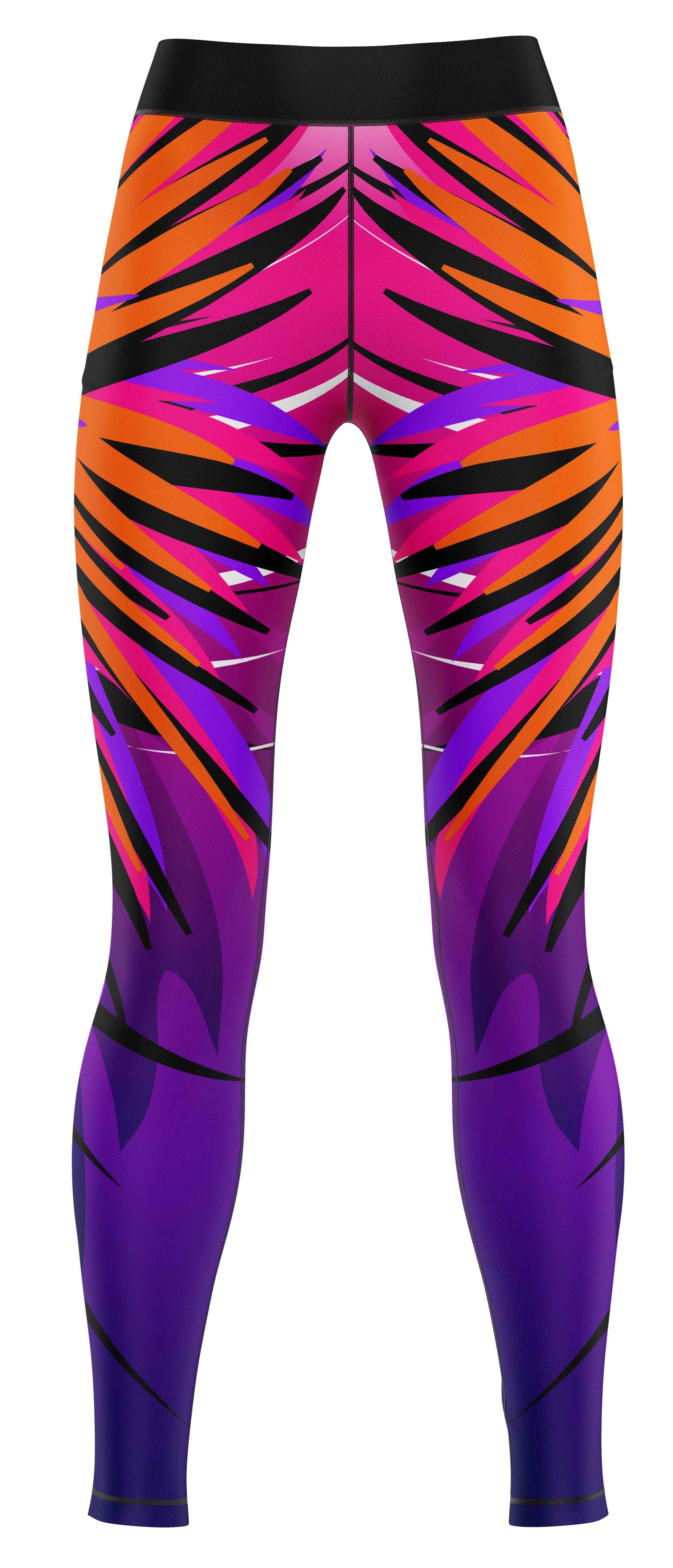 Blue activewear leggings laid flat on a plain background