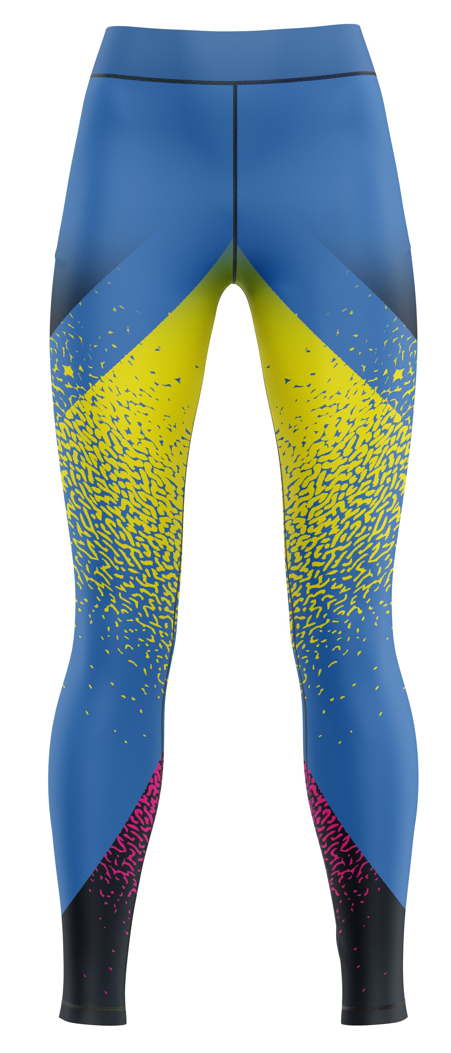 Blue athletic leggings displayed flat in studio lighting