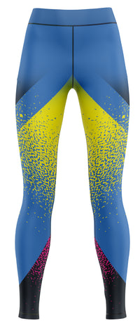 Blue athletic leggings displayed flat in studio lighting
