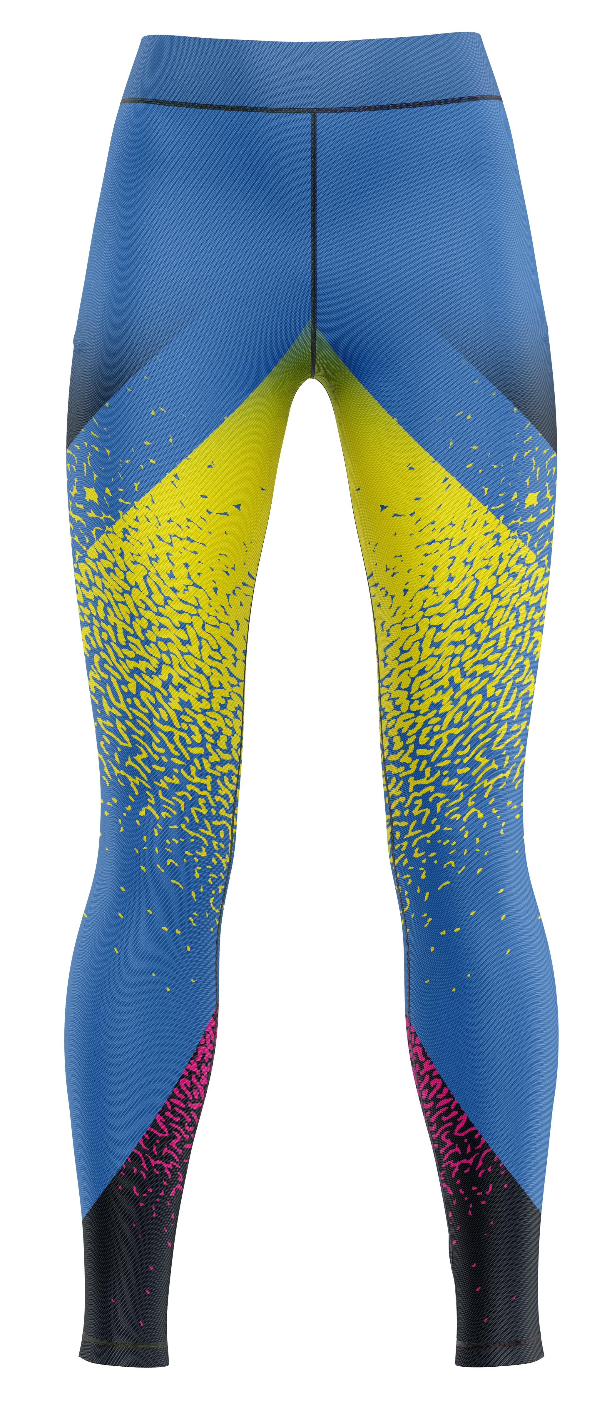 Blue athletic leggings displayed flat in studio lighting