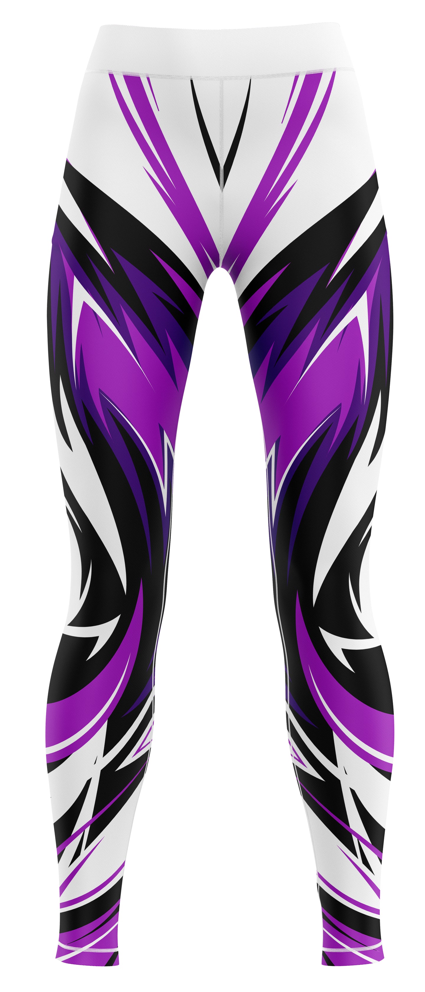 Pair of blue activewear leggings laid flat on a neutral background