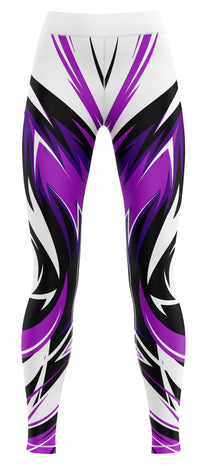 Pair of blue activewear leggings laid flat on a neutral background
