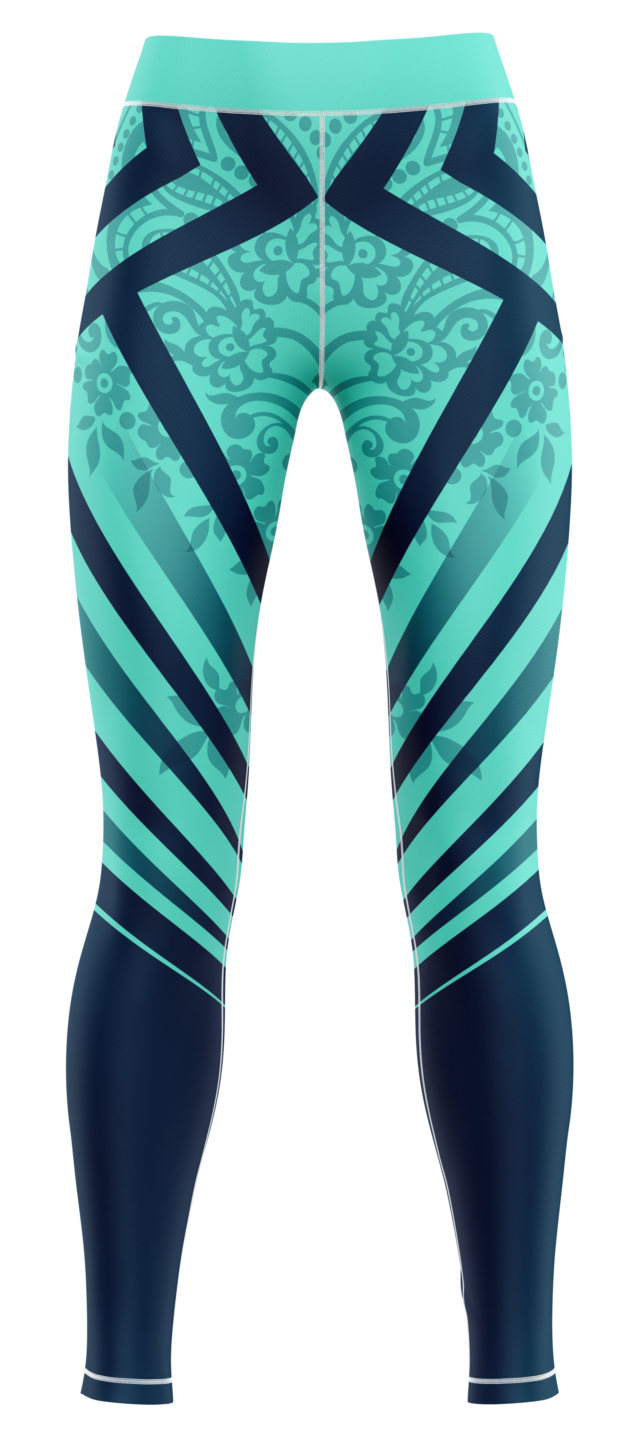 Blue activewear leggings laid flat on a neutral background