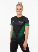 Woman wearing a black and green sports jersey with 'Clyde Valley Gymnastics Club' text on a white background