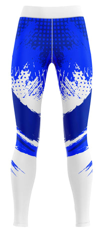Blue halftone splash patterned gym leggings laid flat showing full-print design