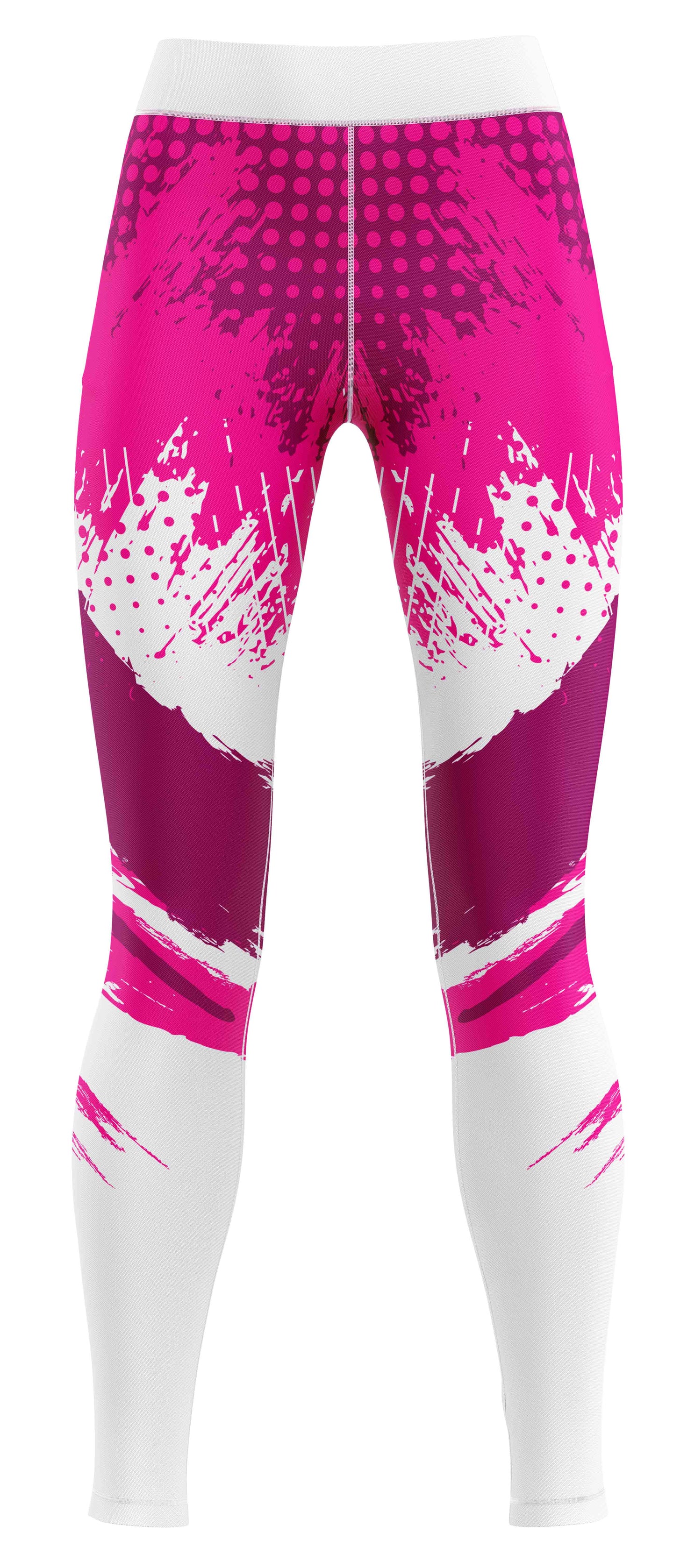 Pink gym leggings with tonal dot and splash-effect pattern laid flat