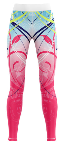 Girls' navy and royal blue training leggings with contrast panels suitable for gymnastics and dance