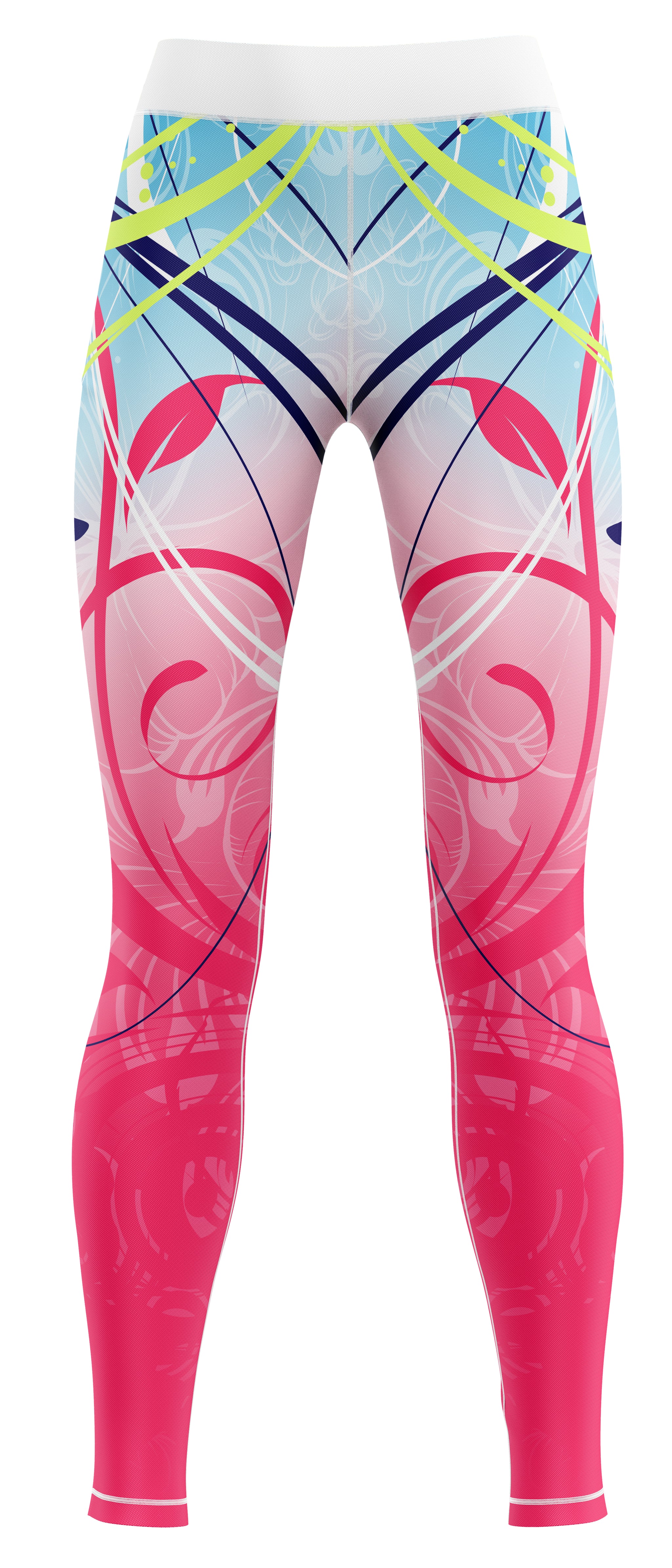 Girls' navy and royal blue training leggings with contrast panels suitable for gymnastics and dance