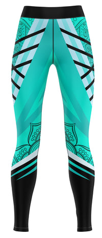 Bright blue activewear leggings laid flat showing full length and waistband detail
