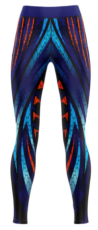 Pair of blue girls' gym leggings laid flat showing stretch fabric and full-length cut