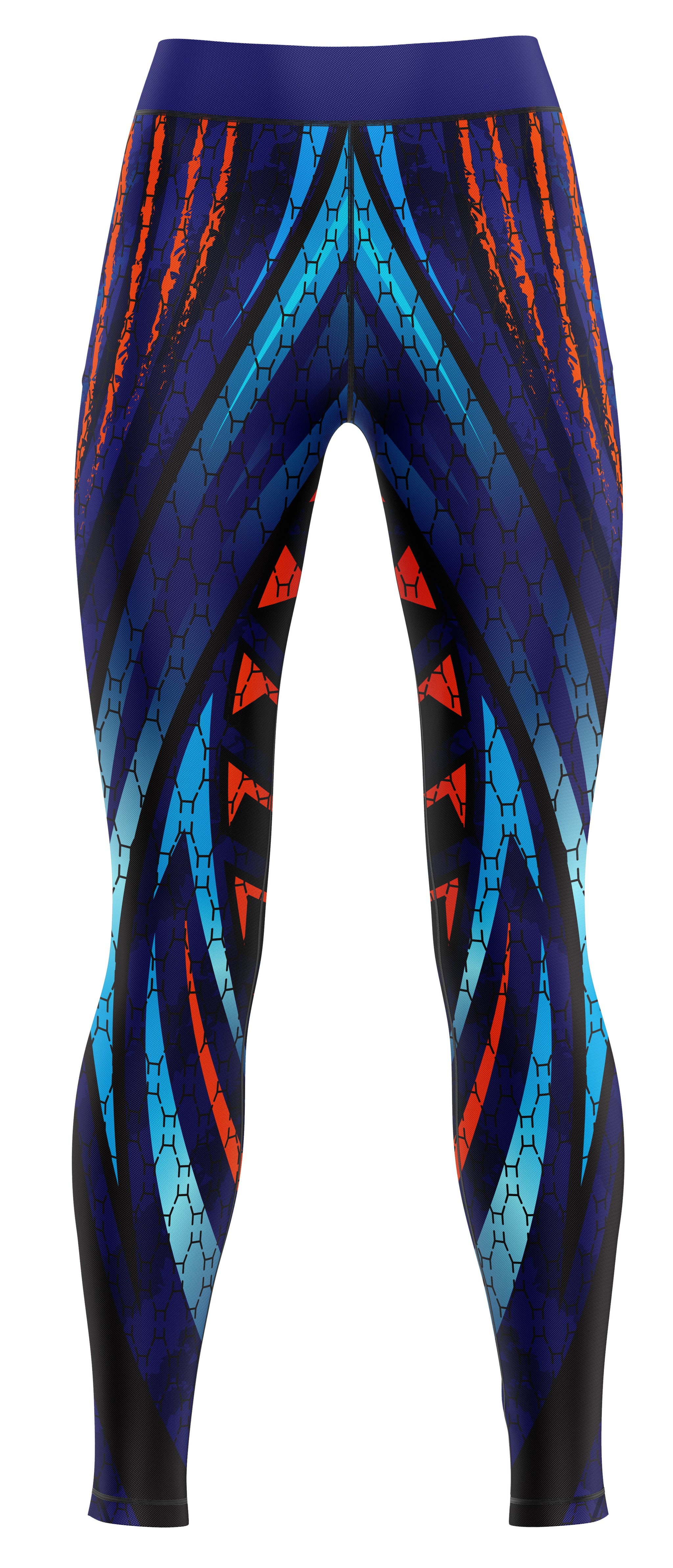 Pair of blue girls' gym leggings laid flat showing stretch fabric and full-length cut