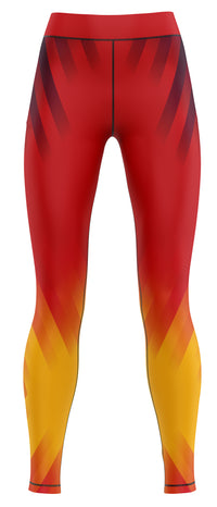 Navy and royal blue athletic leggings laid flat showing tapered ankle and streamlined seam lines