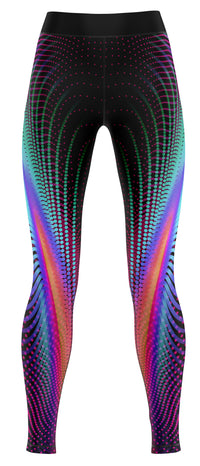 Blue girls' active leggings laid flat showing slim fit and full length