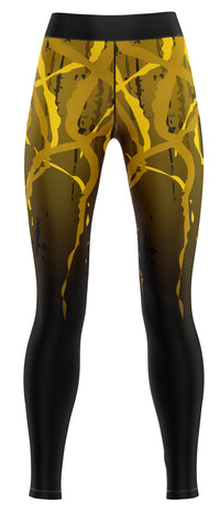 Black leggings with gold panel detailing for gym and activewear
