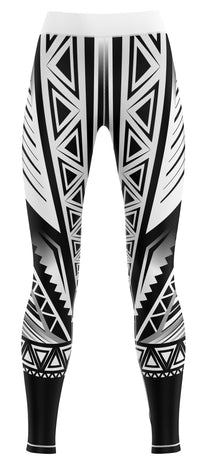 Black and white athletic leggings laid flat showing full length