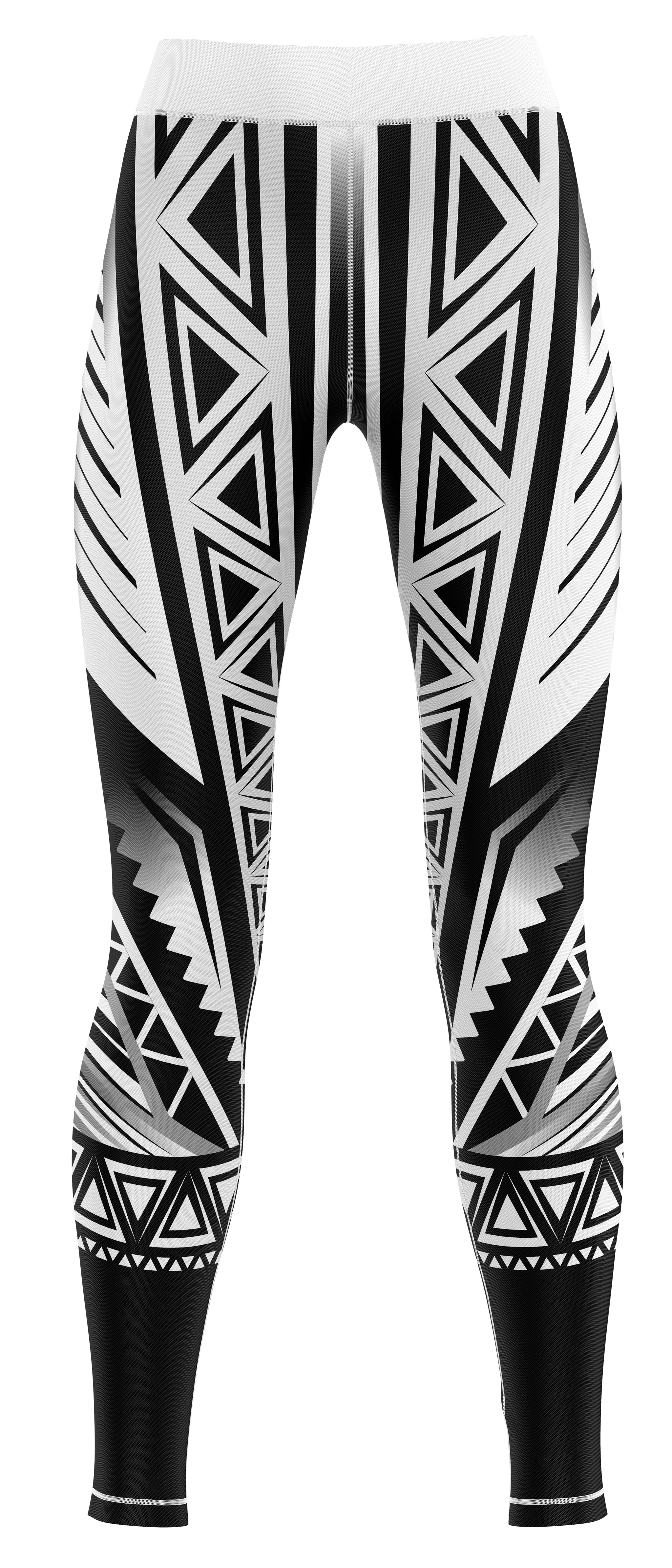 Black and white athletic leggings laid flat showing full length