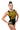 Woman wearing a black and yellow leotard with geometric patterns on a white background