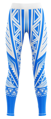 Pair of blue girls' gym leggings laid flat showing full length and waistband