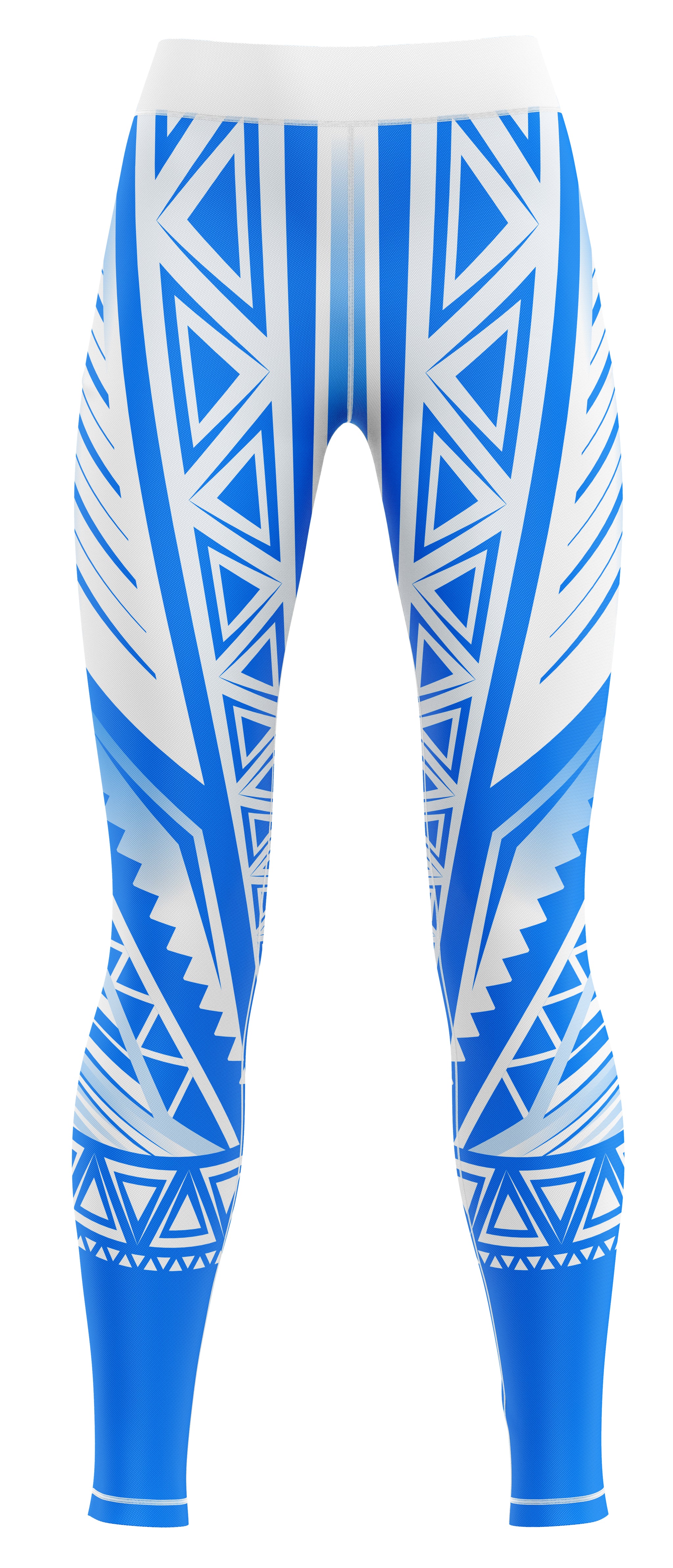 Pair of blue girls' gym leggings laid flat showing full length and waistband