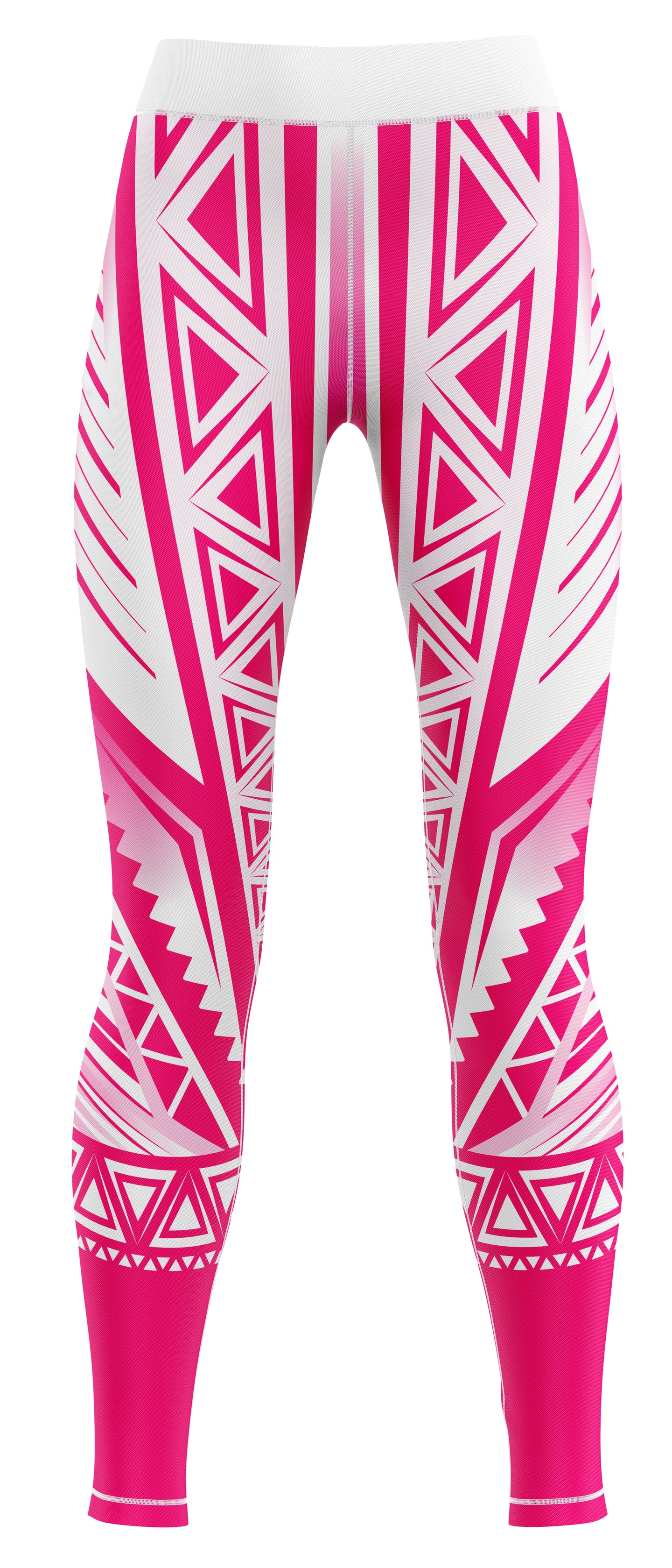 Pink athletic leggings laid flat on a plain background