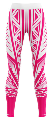 Pink athletic leggings laid flat on a plain background