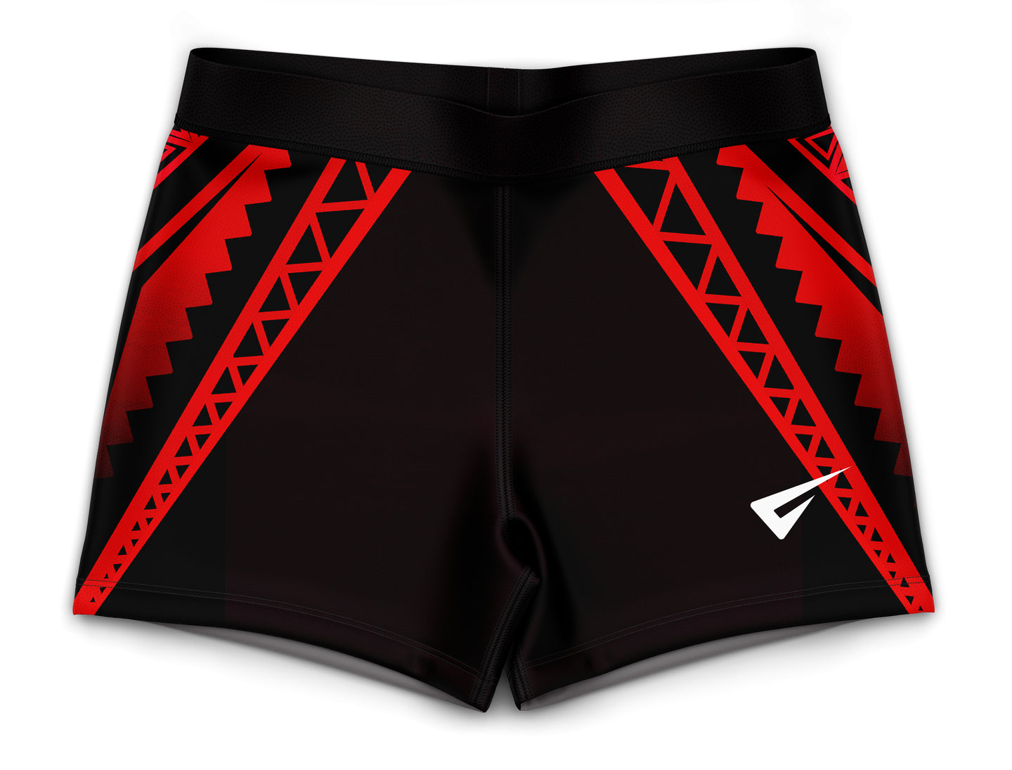 Black shorts with red geometric patterns on a white background