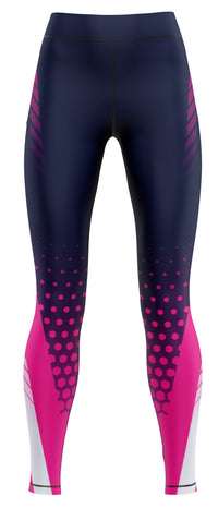 Blue girls' activewear leggings laid flat on a plain background