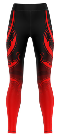Red gym leggings laid flat showing full-length silhouette
