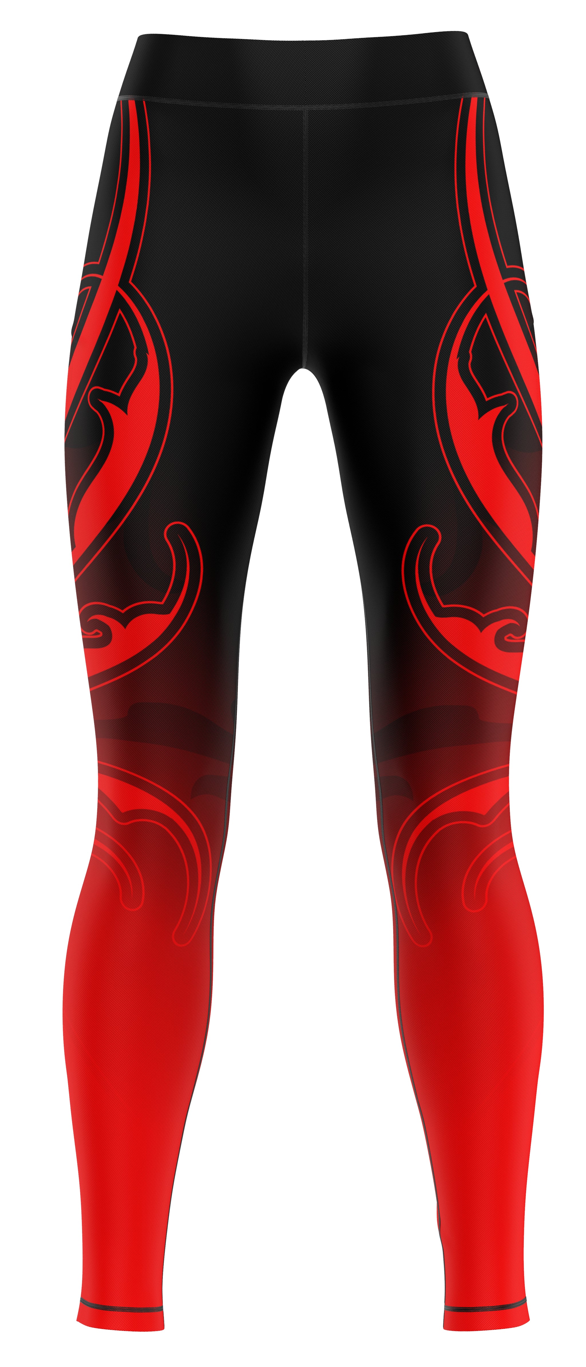 Red gym leggings laid flat showing full-length silhouette