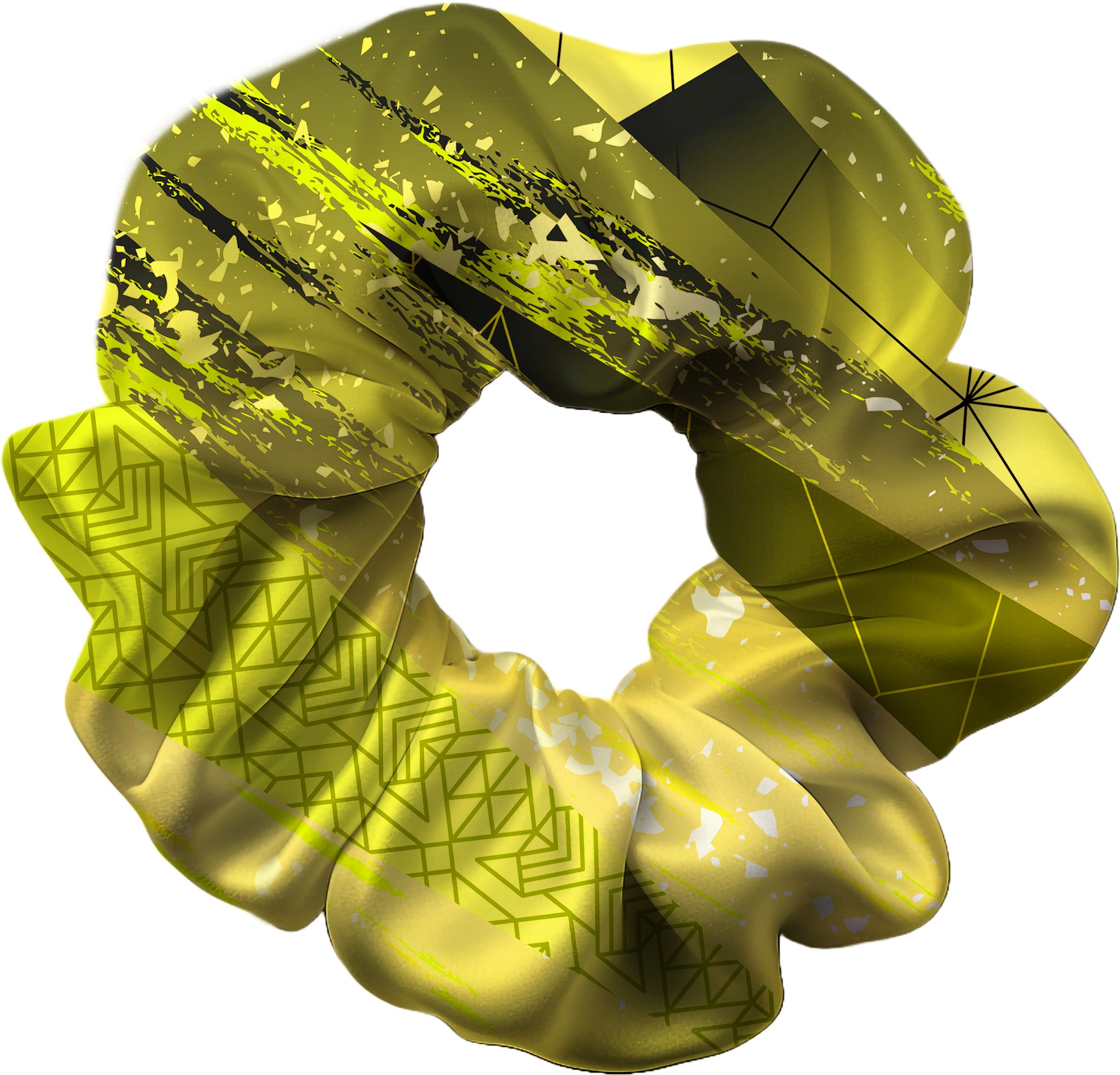 Yellow scrunchie with geometric pattern on a white background