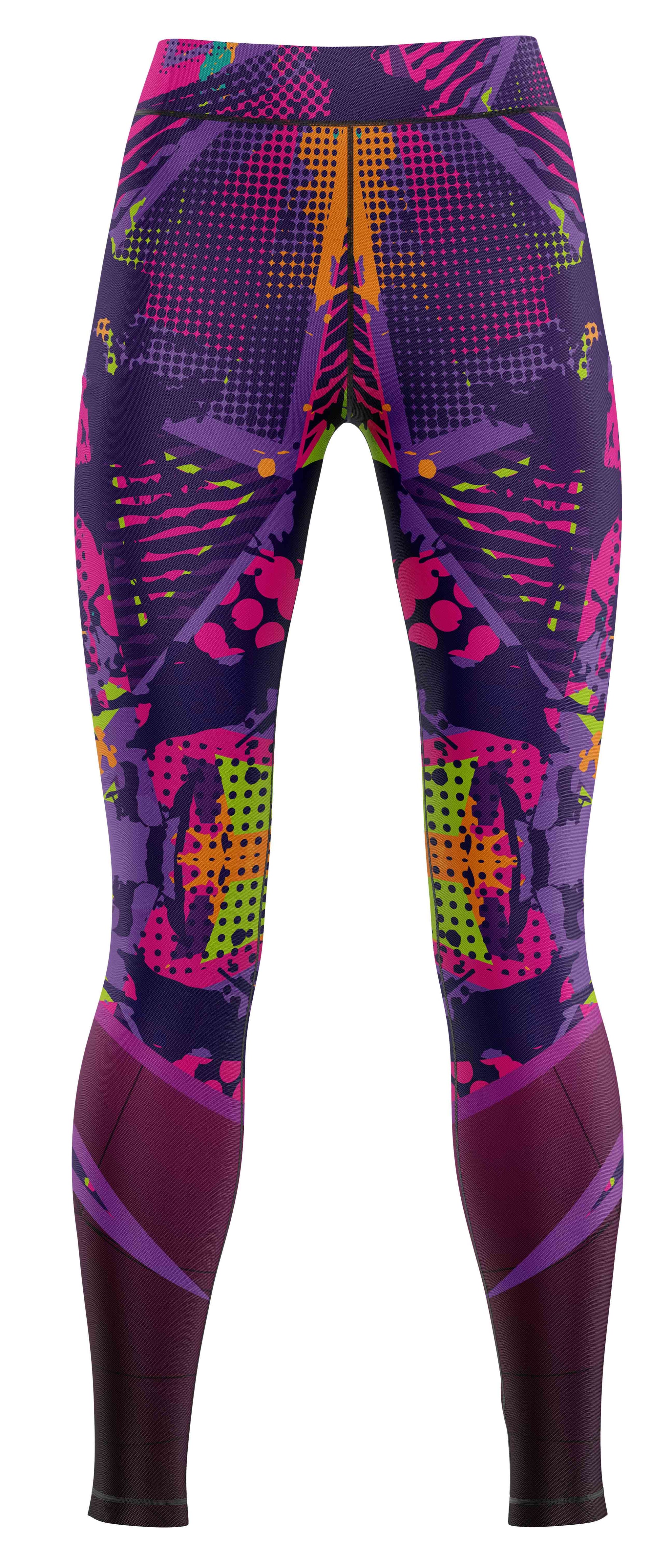 Flat-lay of blue activewear leggings on a plain background