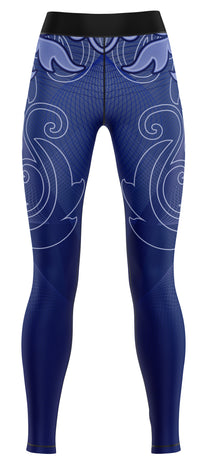 Blue girls' activewear leggings laid flat on a plain background
