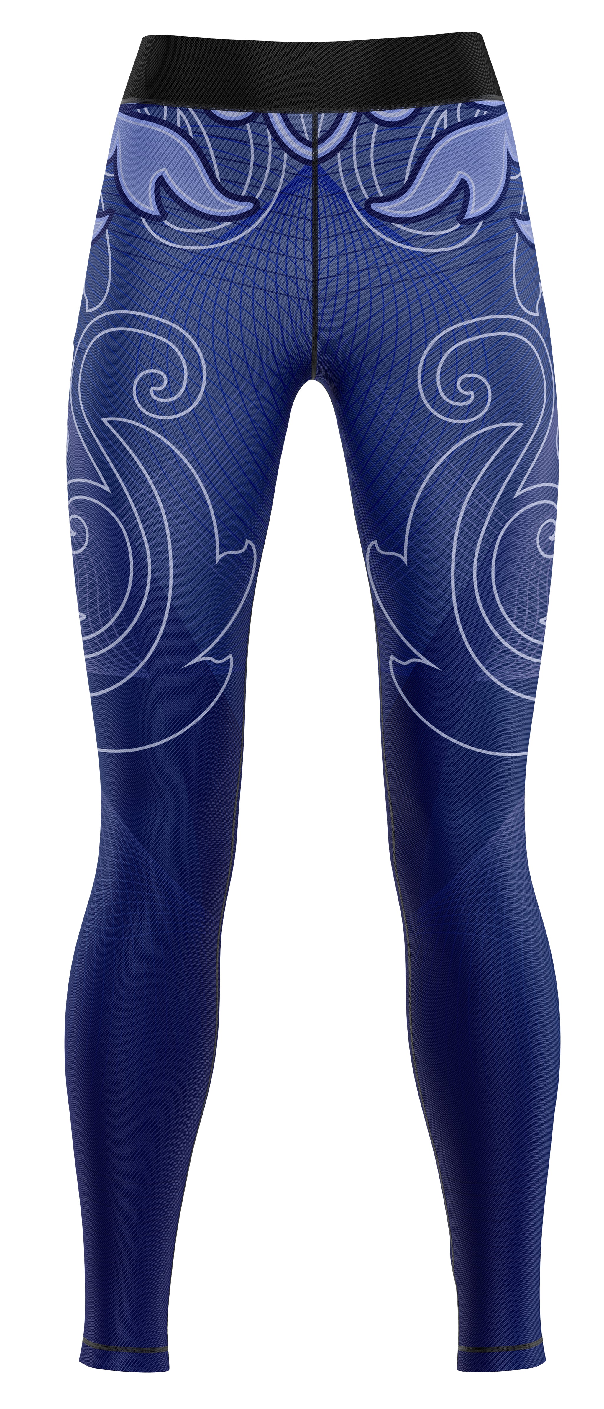 Blue girls' activewear leggings laid flat on a plain background