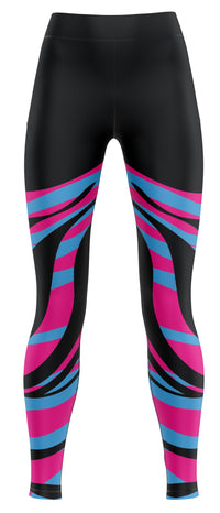 Pair of blue activewear leggings laid flat, suitable for gymnastics and dance