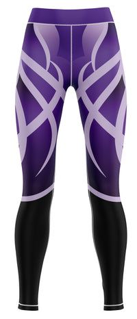 Purple athletic leggings displayed folded