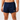 A close-up of a man's lower torso wearing navy blue athletic shorts with a white logo on the left leg, photographed against a light gray studio background.