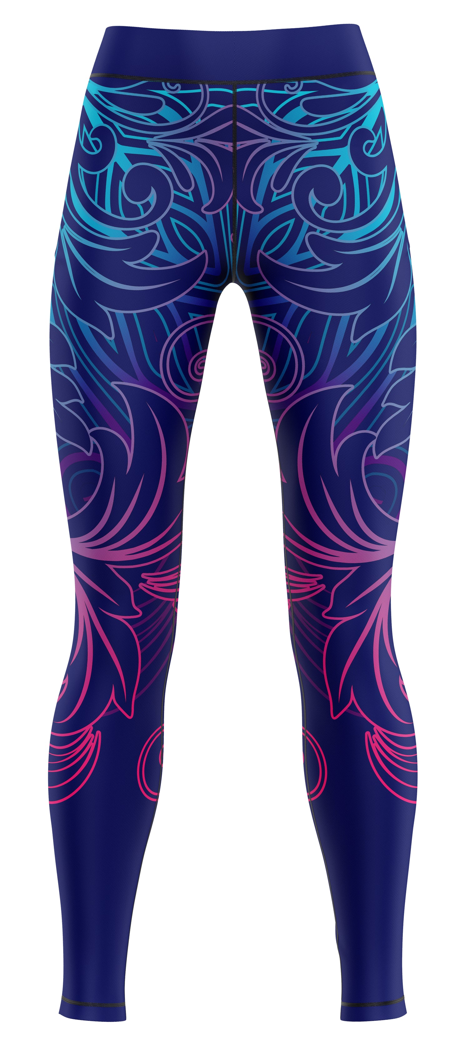 Blue athletic leggings laid flat, showing waistband and full-length leg