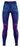 Blue athletic leggings laid flat, showing waistband and full-length leg