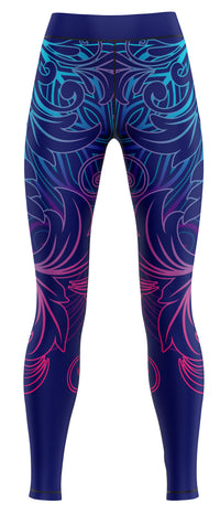Blue athletic leggings laid flat, showing waistband and full-length leg