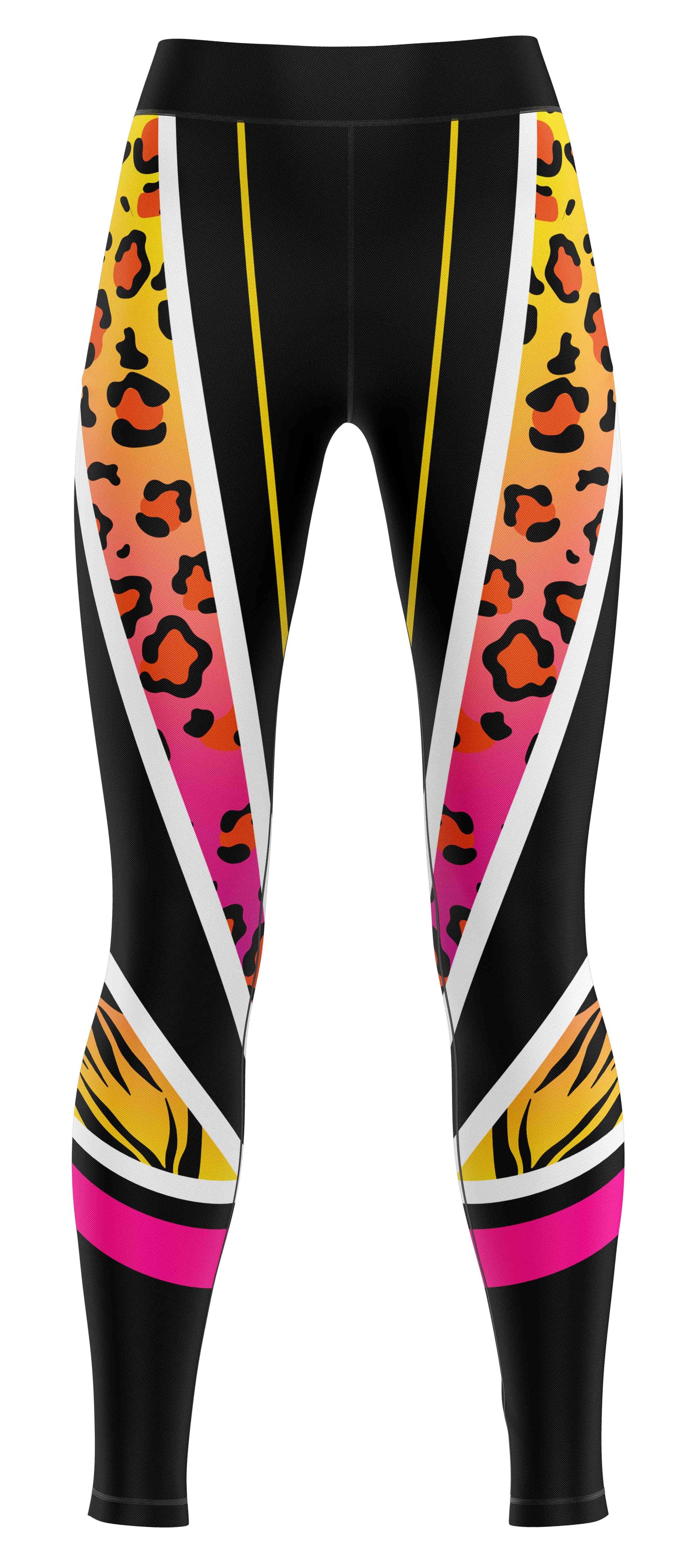 Bright neon patterned blue girls' active leggings laid flat