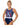 Woman wearing a blue and red gymnastics leotard with a white logo on a white background