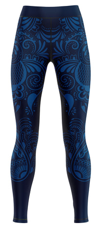 Pair of blue athletic leggings with a fitted silhouette on a plain background
