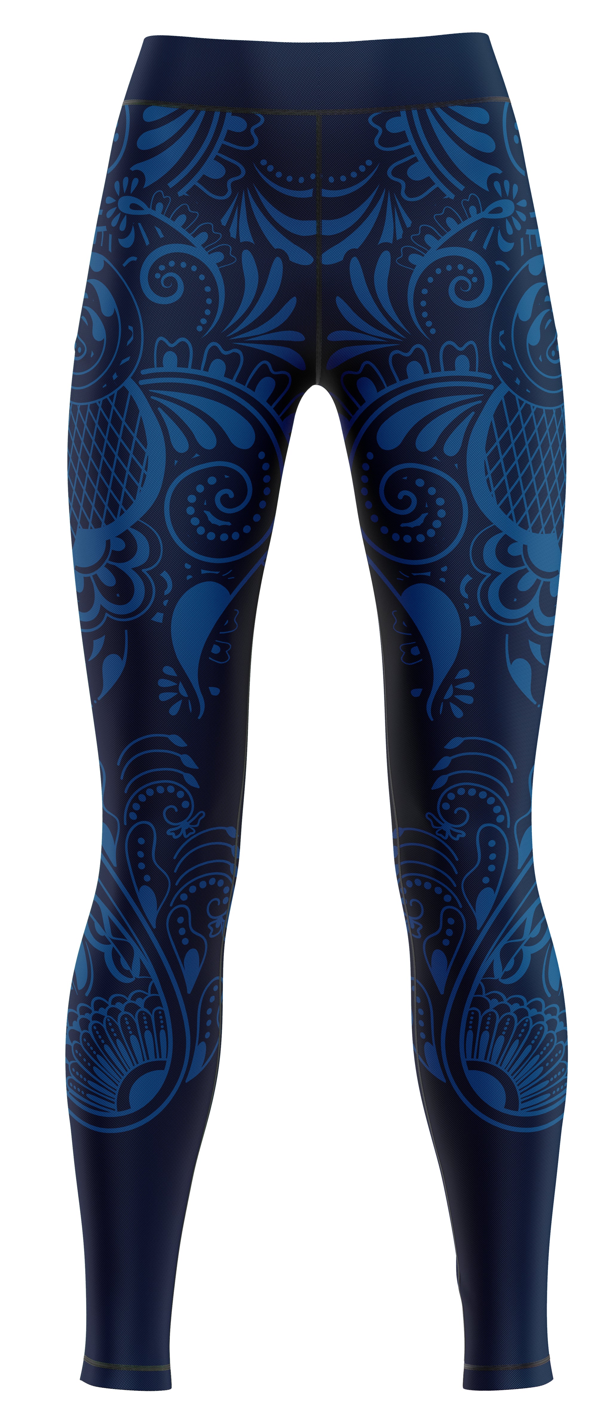Pair of blue athletic leggings with a fitted silhouette on a plain background