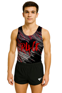 Sleeveless red men's gymnastics leotard with contrast side panels