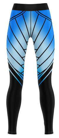 Pair of blue gym leggings laid flat on a plain background, suitable for training and dance