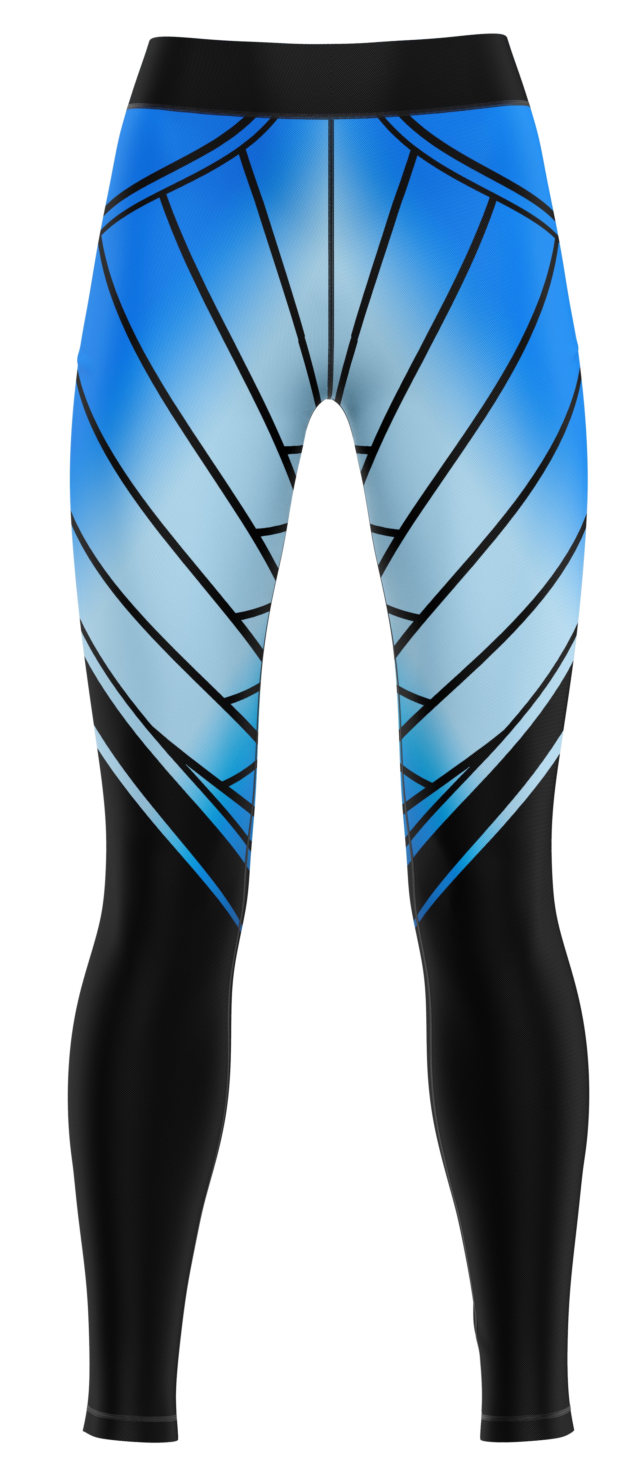 Pair of blue gym leggings laid flat on a plain background, suitable for training and dance