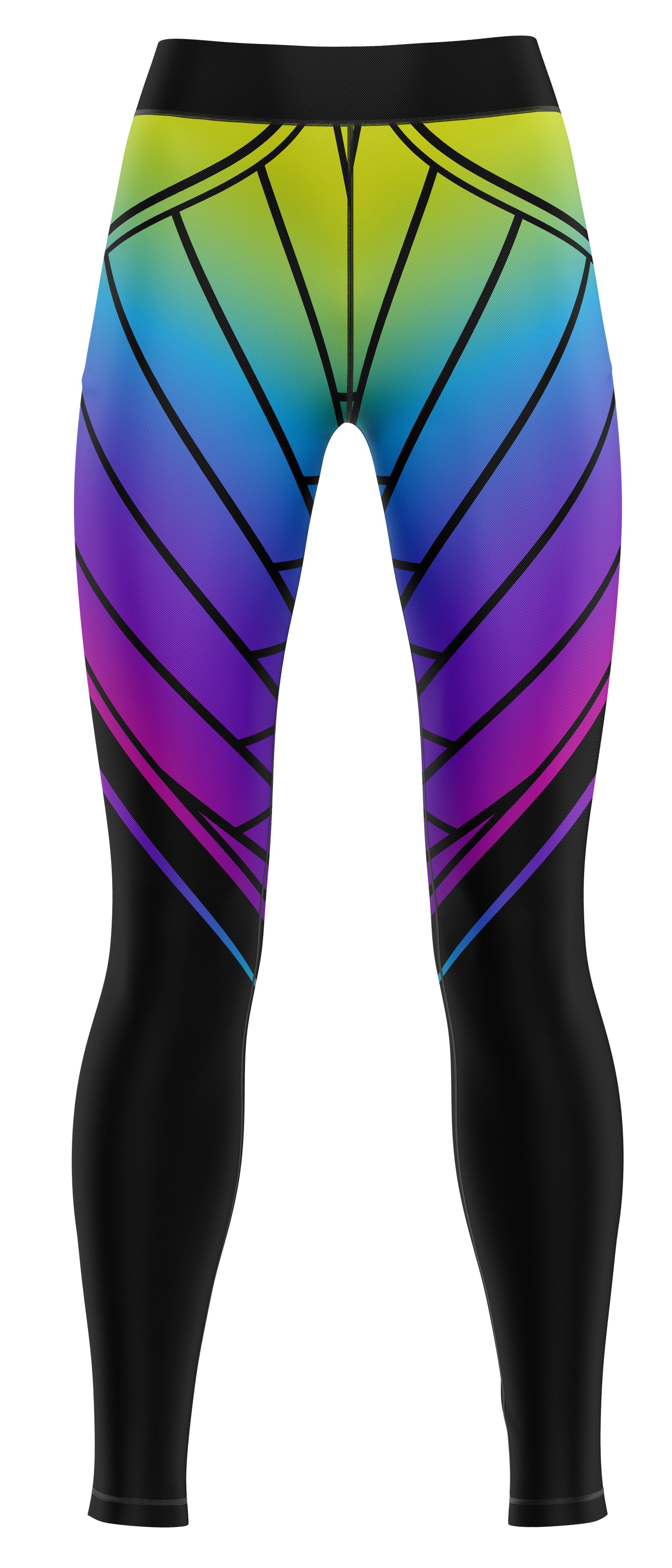 Pair of blue leggings with rainbow pattern laid flat showing front and waistband