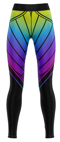 Pair of blue leggings with rainbow pattern laid flat showing front and waistband