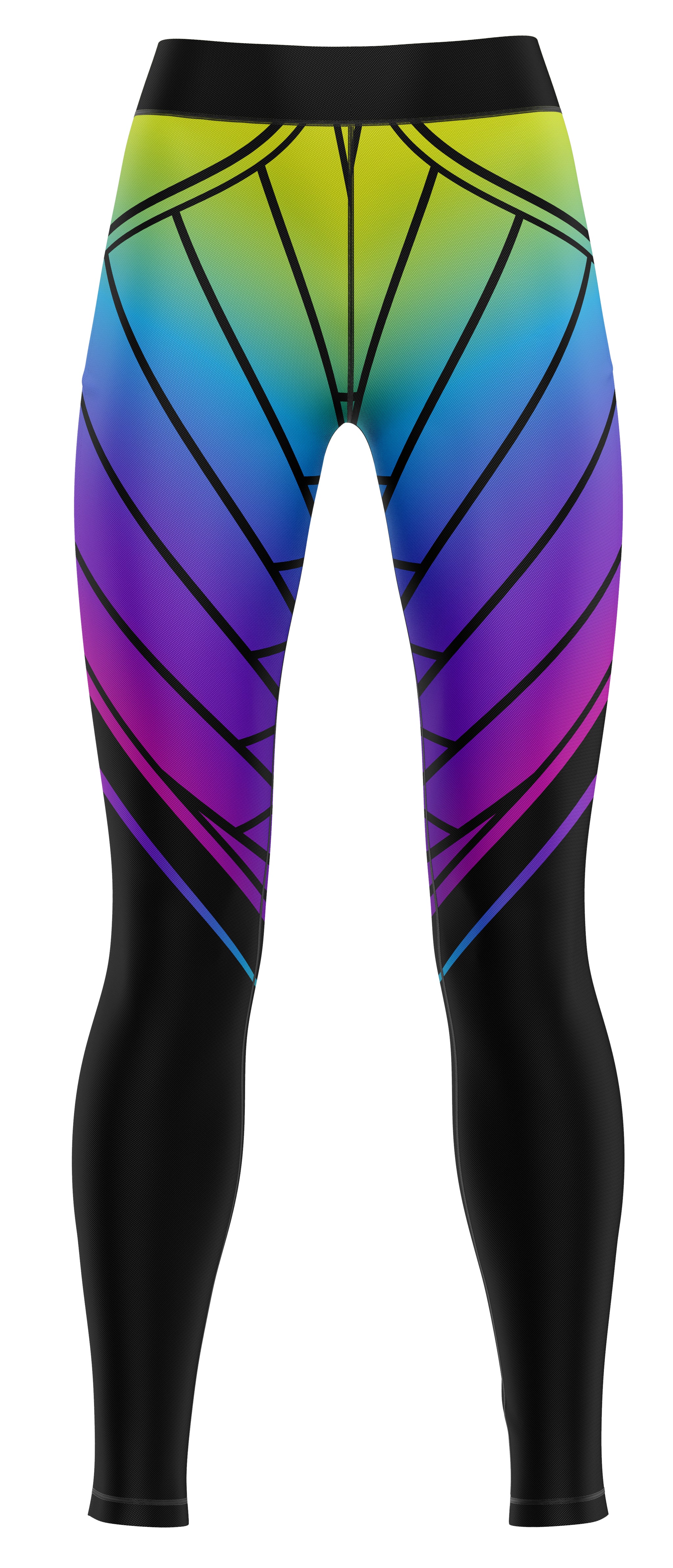 Pair of blue leggings with rainbow pattern laid flat showing front and waistband